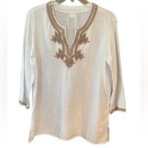 Symple NYC Sz L White 100% Linen Tan Embroidered V-neck Summer  Boho Tunic Top